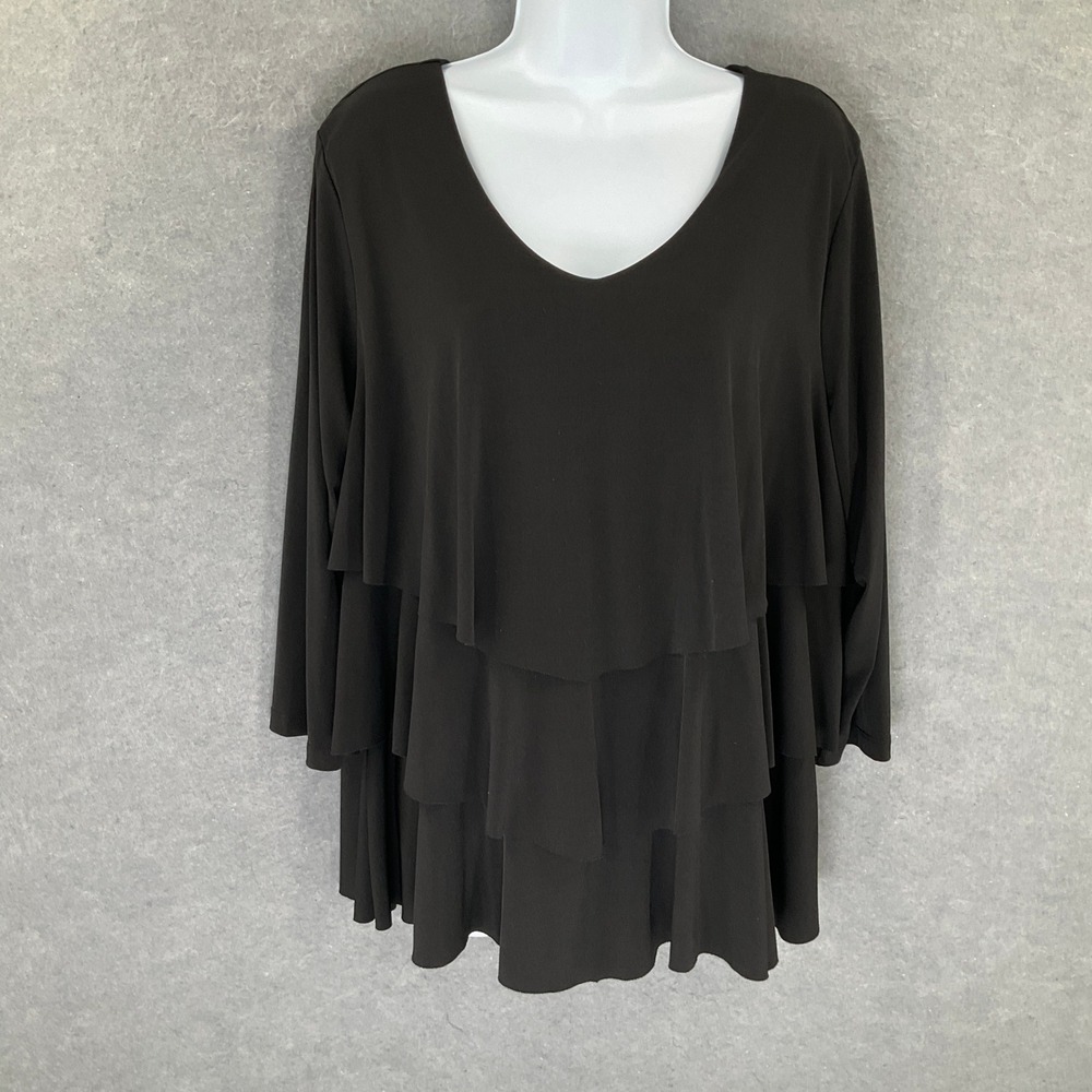 Susan Graver Top Womens Sz XL Black Tiered Ruffle V-Neck Flowy Whimsical